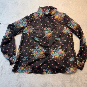 Vintage 70s Sheer Mesh Floral Wheelbarrow whimsical Button Down Blouse Black L